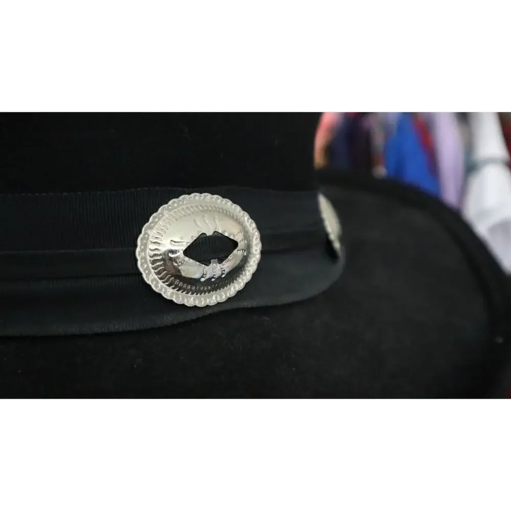 Vintage 70s Black Felt Western Hat Silver Conch Concho Band WOOL Boho Festival - Picture 4 of 6